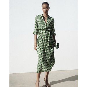 Zara Green Geometric Print Shirt Midi Dress with Belt